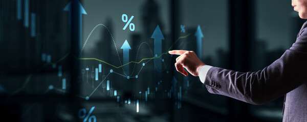 Growing charts against the backdrop of the city. Business chart and reflection buildings
