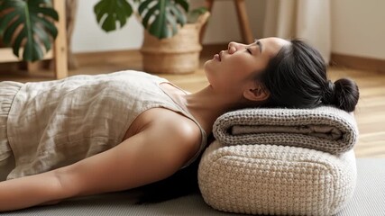 Young Asian Woman Resting Head on Cushions Indoors, Relaxation