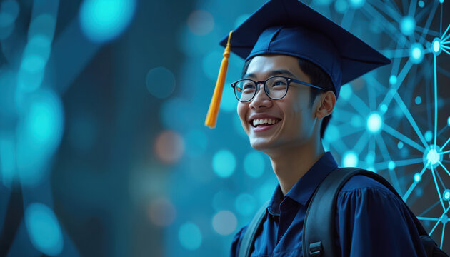 Young asian man wears graduation cap smiles brightly. Futuristic digital network background suggests ai tech education success. Student celebrates academic achievement.