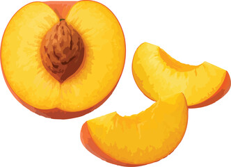 Halved peach with pit and two slices fruit food