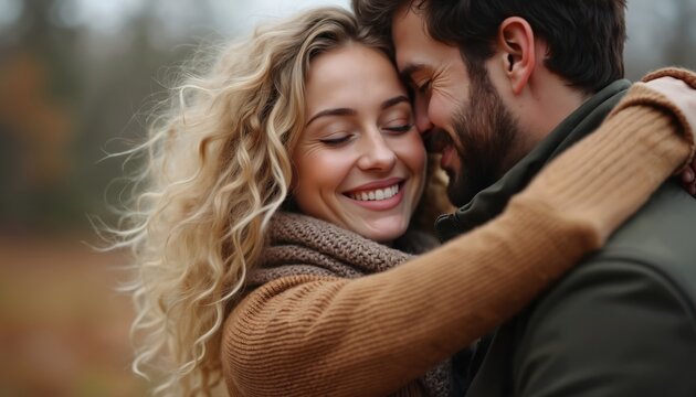 Young couple in love embrace warmly in gray autumn field. Woman with blonde curly hair, man with beard, wear sweaters, scarfs. They hold each other close enjoying moment of tenderness, affection.