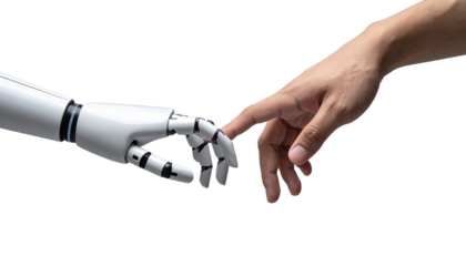 A robotic hand touching a human hand isolated on a white background, symbolizing technology, AI, and human-machine connection.