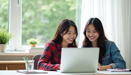 Two young asian women laugh while working together on a laptop at a bright desk. They are studying or collaborating on a project in a comfortable home office environment with plants by window.