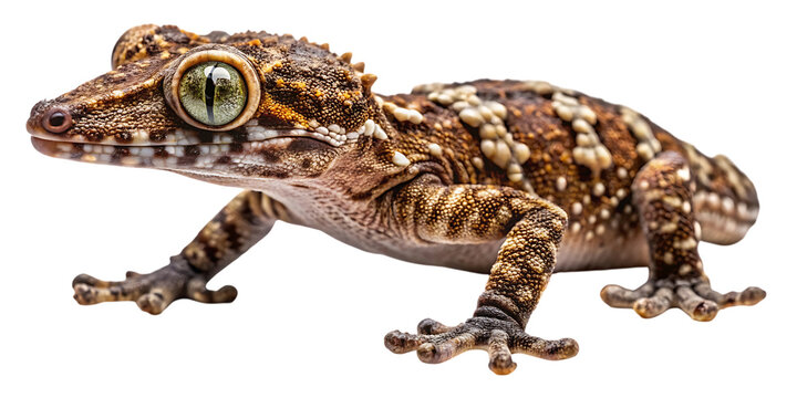 A close-up side view of a brown and cream spotted gecko on a white background
