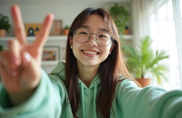 Cheerful girl takes selfie indoors. Student shows peace gesture near window. Young woman smiles at camera. Pretty teenager posts photo to social media from apartment or dorm.