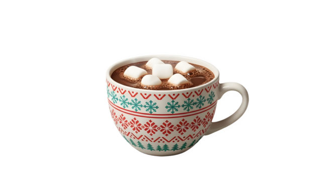 Hot cocoa with marshmallows in festive mug isolated on transparent background