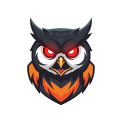 Naklejka premium Aggressive owl head mascot logo illustration with glowing red eyes and dark feathers, isolated on white background.