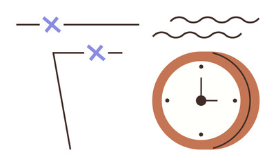 Brown clock with abstract lines, wavy patterns, and cross marks symbolizing time, planning, and deadlines. Ideal for productivity, organization, scheduling, strategy goal-setting reminders simple