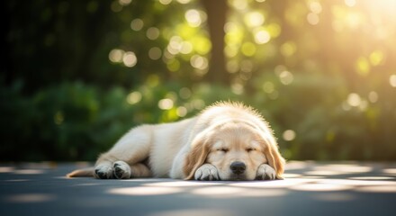 Golden retriever puppy enjoys a peaceful nap in the warm afternoon sunlight surrounded by lush green plants