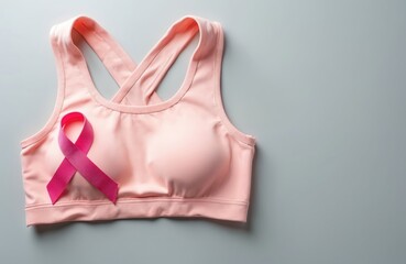 Pink sports bra with pink ribbon on grey background. Breast cancer awareness symbol. Women health and fitness concept. Support for survivors and patients. Healthcare and medical campaign.