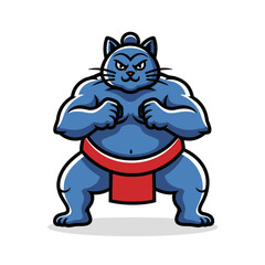 Muscular blue cat character dressed as a sumo wrestler in a fighting stance vector illustration.