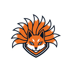 Fierce nine-tailed fox head vector mascot logo design within a shield emblem