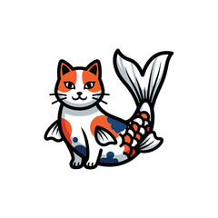 Cartoon Calico Cat and Koi Fish Hybrid Vector Mascot Illustration
