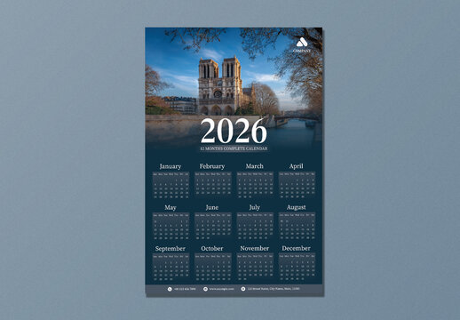 Editable 2026 Yearly Wall Calendar Template with Notre Dame Cathedral in Modern Blue Theme Design.