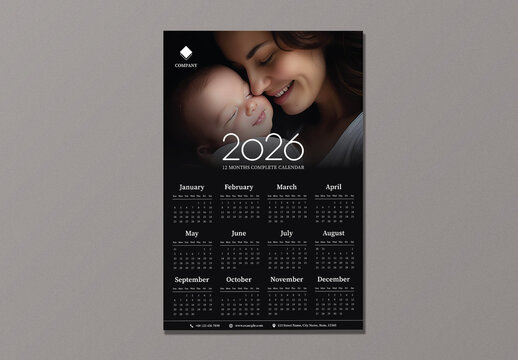 Editable 2026 Yearly Wall Calendar Template in Black Theme and Mother Hugging Baby Image.