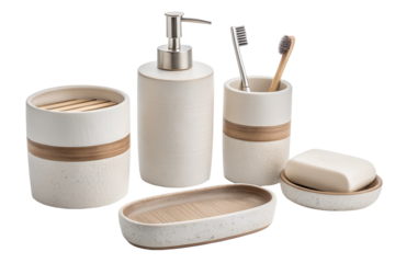 Elegant bathroom set with soap dispenser and toothbrush holder on black backdrop