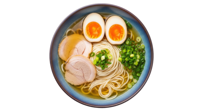 Isolated bowl of Japanese ramen noodle soup with egg and pork; a flavorful meal option - Powered by Adobe