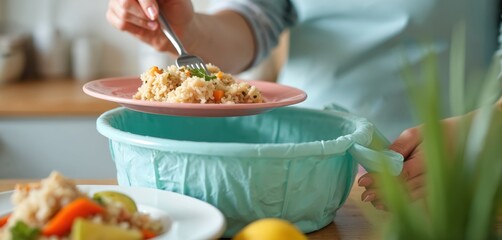 Close-up shows woman discarding leftover rice into compost bin. Focus on minimizing food waste, sustainable practices, conscious consumption. Plate with rice, vegetables sits nearby contrast between