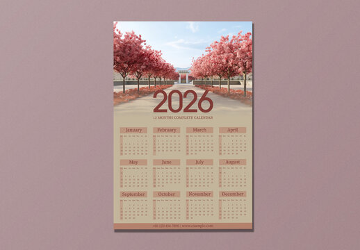 Editable 2026 Yearly Wall Calendar Template with Cherry Blossom Pathway Scene.