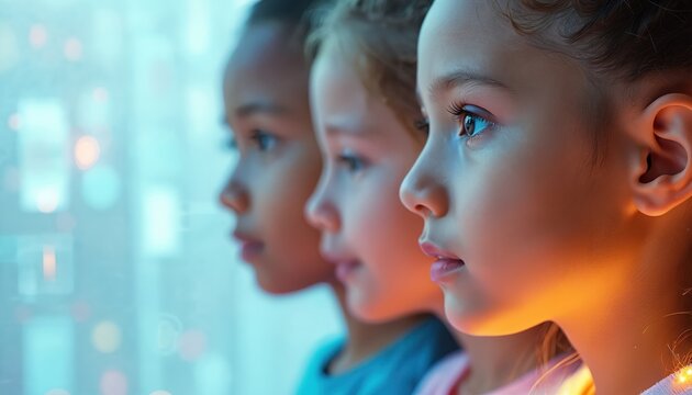 Children watch glowing digital interface. Young diverse kids focused on bright future tech display. Future learning, online education, innovation concept.