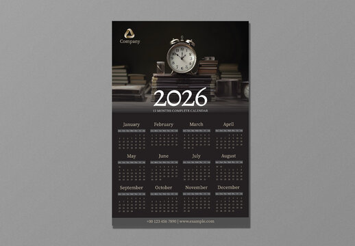 Editable 2026 Yearly Wall Calendar Template in Black Color and Alarm Clock on Books Table.