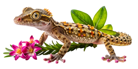A detailed closeup of a gargoyle gecko with vibrant pink flowers and green leaves, isolated on a transparent background, showcasing its unique texture and features