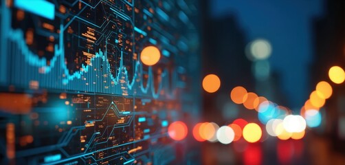 Digital interface with graphs and lines displays complex data. Blurred city lights at night form a bokeh background. Network or cyberspace concept is visualized with glowing circuits.