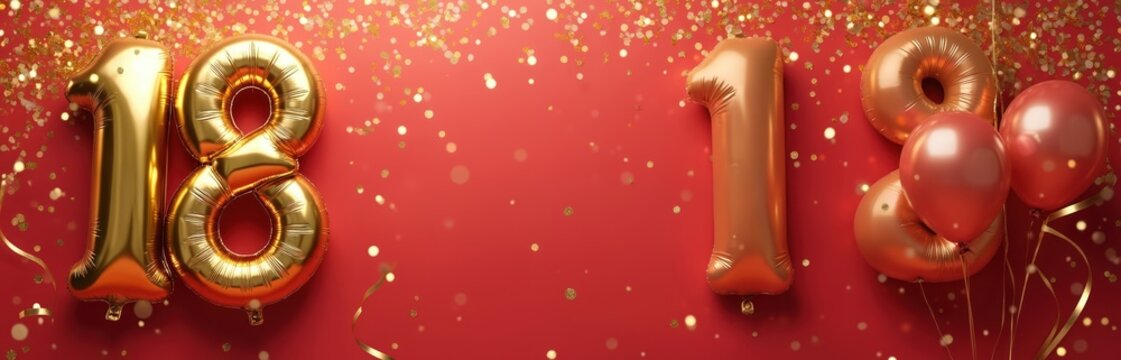 Golden balloons form number eighteen and 18. Festive red background with glitter and bokeh. Celebrate birthday anniversary or event with shiny decor.
