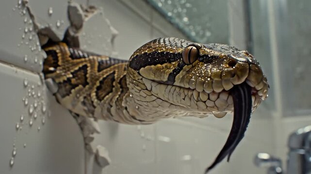 Snake emerging from hole in bathroom wall with tongue out