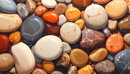 Abstract illustration displaying assorted smooth, polished stones, providing a colorful texture