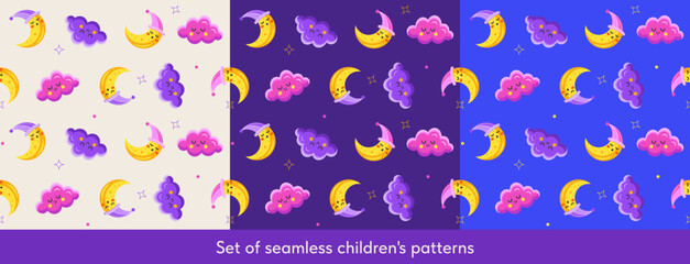 A set of seamless children's patterns on different backgrounds. Moon and clouds in the night sky. Suitable for textiles, wallpaper, and packaging. Flat vector illustration.