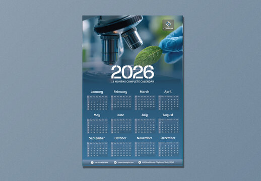 Editable 2026 Yearly Wall Calendar Template with Microscope and Green Leaf in Scientific Blue Theme Design.