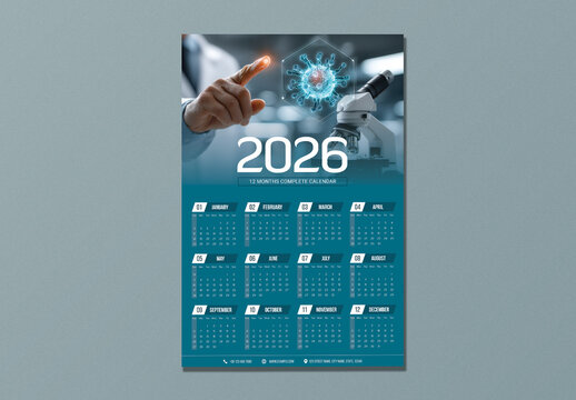 Editable 2026 Yearly Wall Calendar Template with Scientific Research Concept and Futuristic Blue Theme.
