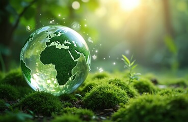 Glass earth globe rests on mossy ground. Icons symbolize eco tech, green energy, clean transport. Nature thrives under soft sunlight, representing global sustainability.