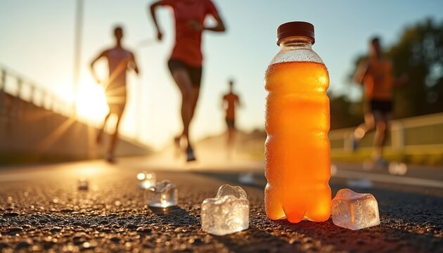 Orange sports drink bottle with condensation stands on road surface. Blurred runners train in background at sunset. Ice cubes melt near beverage.