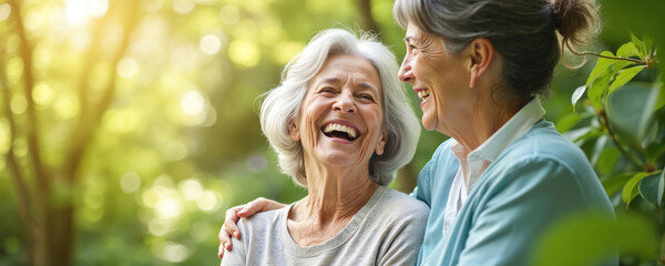 Two senior women laugh heartily together in a sunlit garden surrounded by greenery. One woman has her arm around the other, sharing a moment of pure joy and connection.