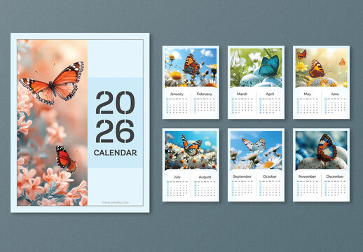 Editable 2026 Annual Calendar Template Set with Beautiful Butterflies on Flowers Photo.
