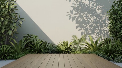 Minimalist courtyard scene with lush green plants and wood deck area