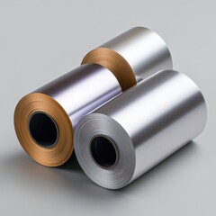 Fototapeta premium Three rolls of shiny metallic film in silver and gold hues are arranged on a neutral background, Ideal for use in packaging, crafting, or design projects requiring a modern and sleek look,