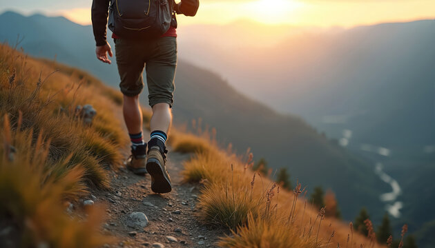 Man with backpack climbs steep mountain trail at sunset. Hiker walks on grassy path near valley and river. Enjoying remote nature, journey, adventure, outdoor activity. - Powered by Adobe