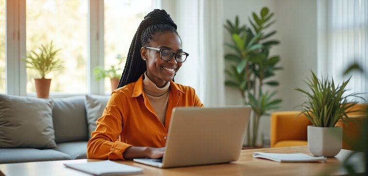 Young Black woman smiles working on laptop at home desk. She uses computer for remote job, online research or social media posts. Modern apartment with plants and window light.