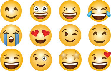 Fototapeta premium Set of 12 popular yellow smiling emoji faces isolated on white.