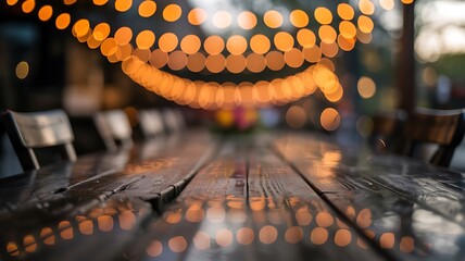 Outdoor dining with wooden table chairs and string lights bokeh background