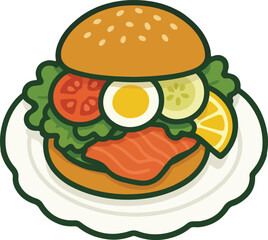 Stylized salmon burger with egg tomato cucumber and lemon