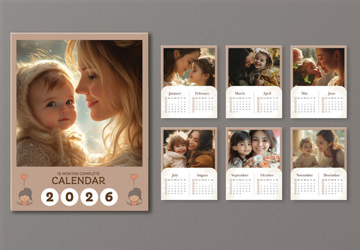 Editable 2026 Yearly Calendar Template Set with Mother and Baby Photos on Grey Background. 