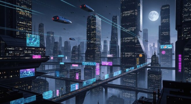 Futuristic cityscape at night with flying vehicles and bright neon advertisements