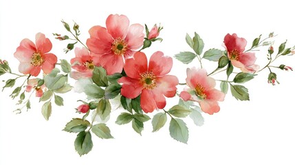 Fototapeta premium Watercolor floral arrangement with vibrant red blossoms and green foliage