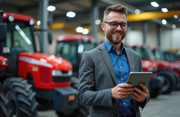 Man holds tablet in tractor sales center. Dealer in suit smiling. Agriculture machinery showcase. Salesman offers agriculture equipment. Agribusiness pro uses digital tech. Agronomist inspects