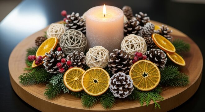 Festive holiday centerpiece with a candle and natural decorations in warm tones - Powered by Adobe