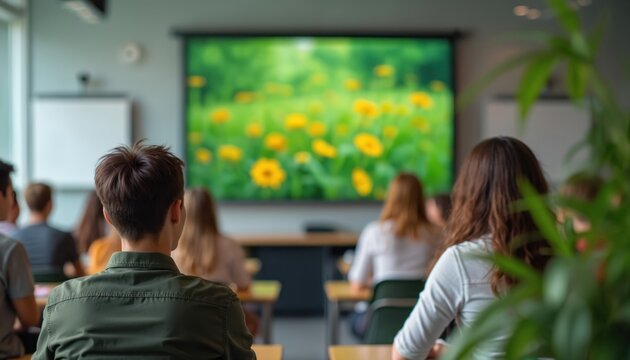 Students sit in classroom looking at projector screen displaying green field with yellow flowers. Pupils learn about nature and agriculture in school. Diverse young people attend lesson.